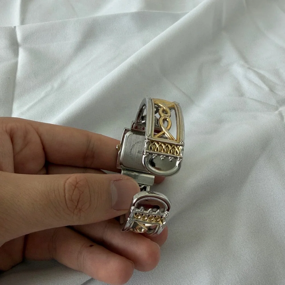 Vivani Two Tone Silver Gold Cuff Watch Mother of Pearl Dial Filigree Bracelet